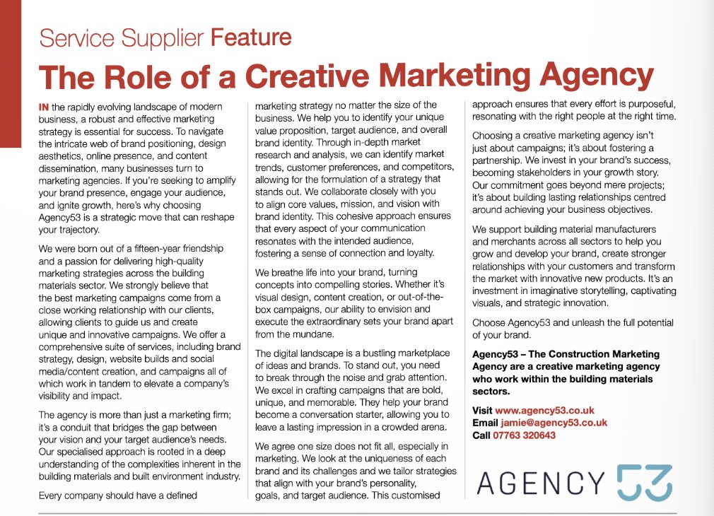 Agency53's tweet photo. Check it out! We've got another awesome article in the  F about the vital role of marketing agencies in the builders merchants industry to make your mark in the digital landscape. It's a must-read, so be sure to give it a look! 🤩 https://t.co/GexKRNMbiA
