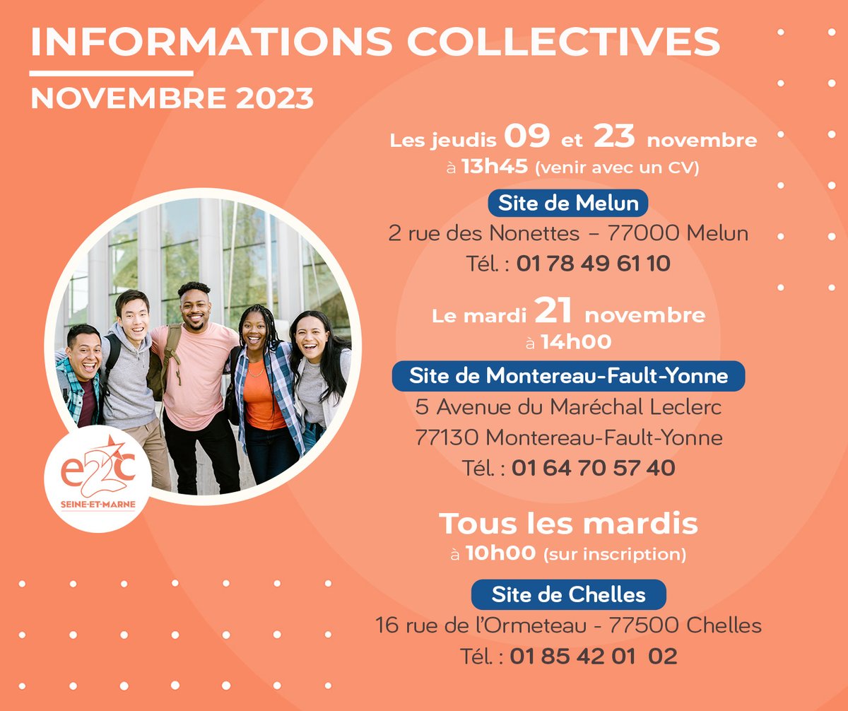 🔔#InformationsCollectives #Novembre🔔
👋🏼 Pour les jeunes de 16-25 ans, sans diplôme ou titulaires du baccalauréat ou de son équivalent (CAP, BEP ...)
💪🏼 Motivés à se former ou souhaitent être accompagnés pour trouver un emploi
😊Venez rencontrer et échanger avec nos équipes !!
