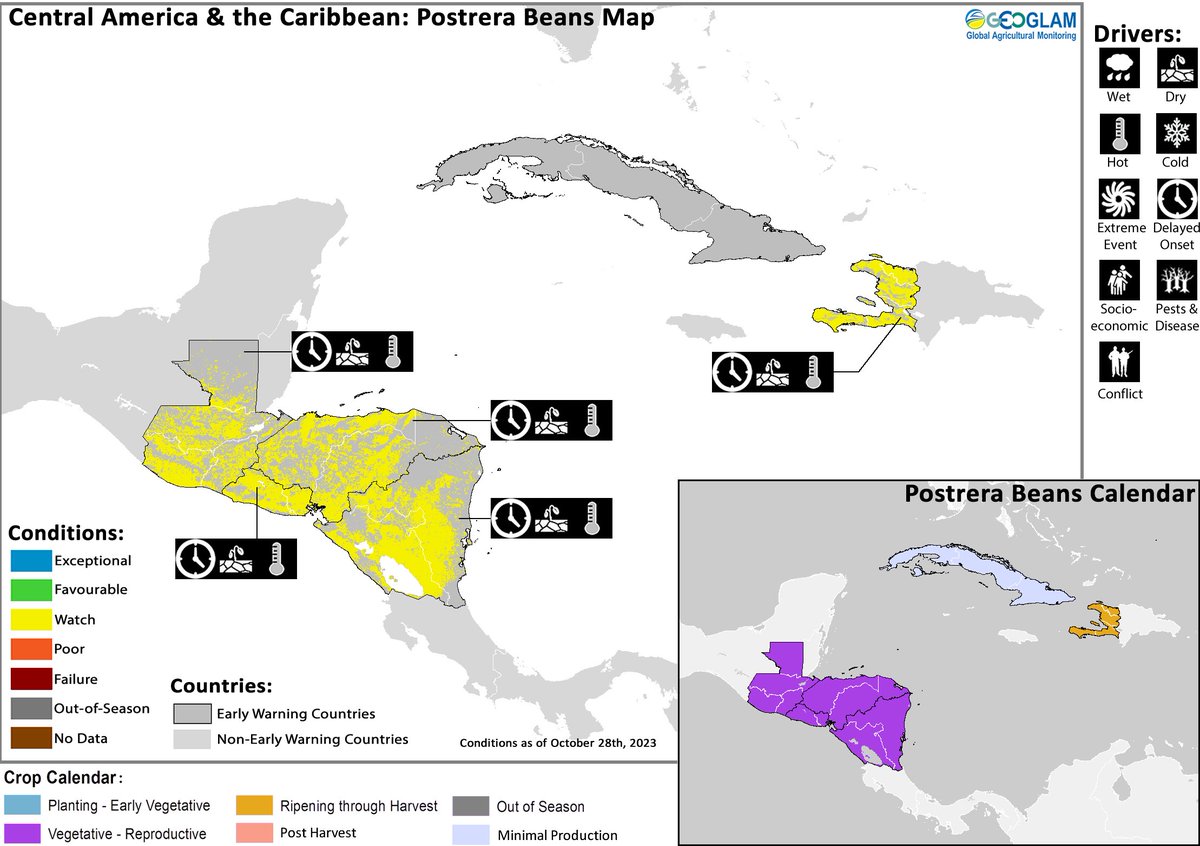 GEOCropMonitor's tweet photo. In #CentralAmerica, poor outcomes resulted for the #Primera season in all countries &amp; continuing dry and hot weather is now impacting the start of the #Postrera &amp; #Segunda seasons. Conversely, conditions remain favorable in #Cuba. #CM4EW November report at https://t.co/8NjLa4bEW5 https://t.co/4oNh78VowG