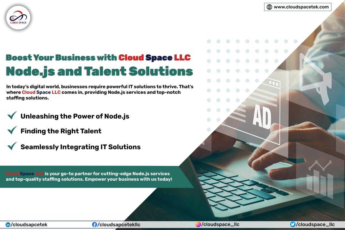 CloudSpace_LLC's tweet image. 𝐁𝐨𝐨𝐬𝐭 𝐘𝐨𝐮𝐫 𝐁𝐮𝐬𝐢𝐧𝐞𝐬𝐬 𝐰𝐢𝐭𝐡 𝐂𝐥𝐨𝐮𝐝 𝐒𝐩𝐚𝐜𝐞 𝐋𝐋𝐂: 𝐍𝐨𝐝𝐞.𝐣𝐬 𝐚𝐧𝐝 𝐓𝐚𝐥𝐞𝐧𝐭 𝐒𝐨𝐥𝐮𝐭𝐢𝐨𝐧𝐬
#CloudSpaceLLC #NodejsExperts #ITHelp #Staffing #DigitalSuccess #TechSolutions #JobSearch #BusinessSupport #WebTech #Hiring #CareerOpportunity