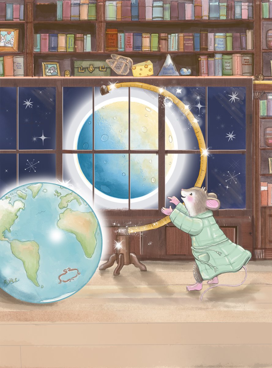 Tom spins the globe too fast and it falls off its stand onto the floor!!! Woah, though, look at The Moon! #illustration for @TomMouseHQ #picturebook 3 continues! @DSAInfo x