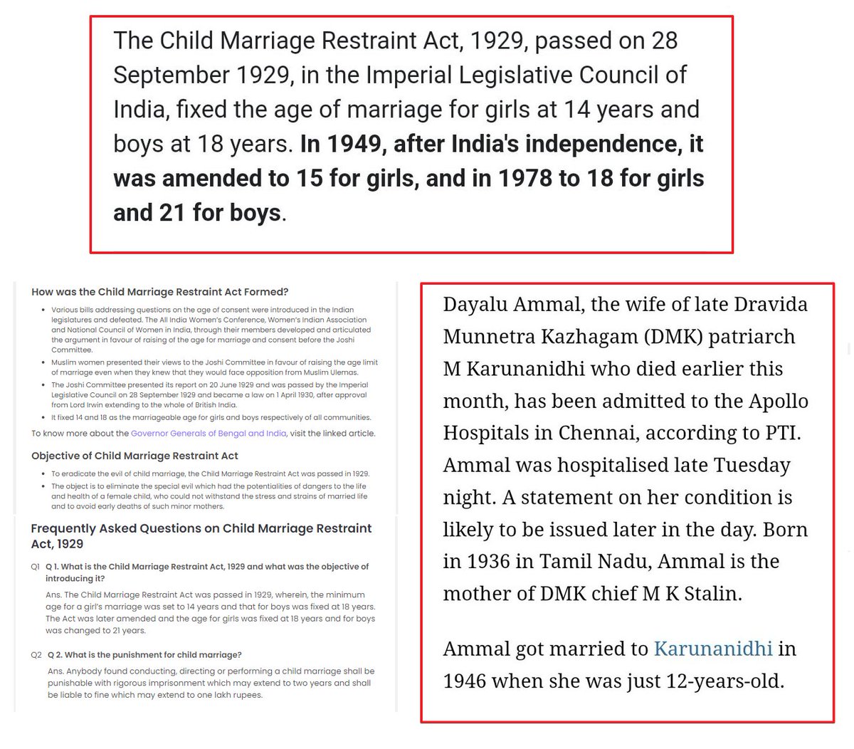 As per the Child Marriage Restraint Act,1929, passed on 28Sep-1929, marriage age for girls was later amended from 14 to 15yrs for girls &
to 18 yrs for girls  

This means late DMK Chief M.Karunanidhi marriage with Dayalu Ammal was also illegal?🤔
@Saattaidurai