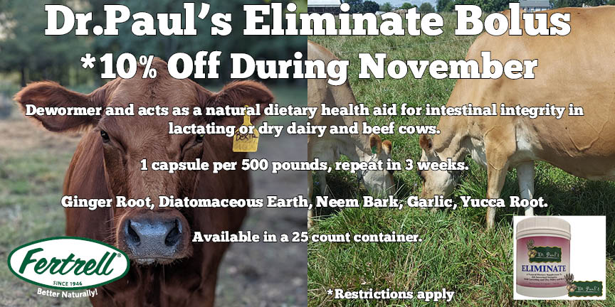 FertrellCompany's tweet photo. Do you need a dewormer? Eliminate Bolus acts as a natural dietary health aid for intestinal integrity in lactating or dry dairy and beef cows. 10% off during November! https://t.co/ST27j2iQPt