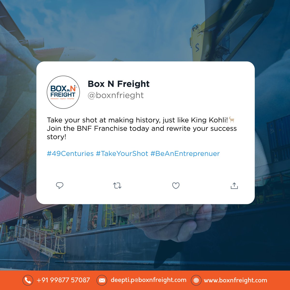 boxnfreight's tweet photo. You're just One Step Away in creating history for yourself just like King Kohli.
Create history with BNF!
#boxnfreight #logistics #logisticscompany #viratkholi #kingkohli #TakeYourShot https://t.co/mODM0okJyT