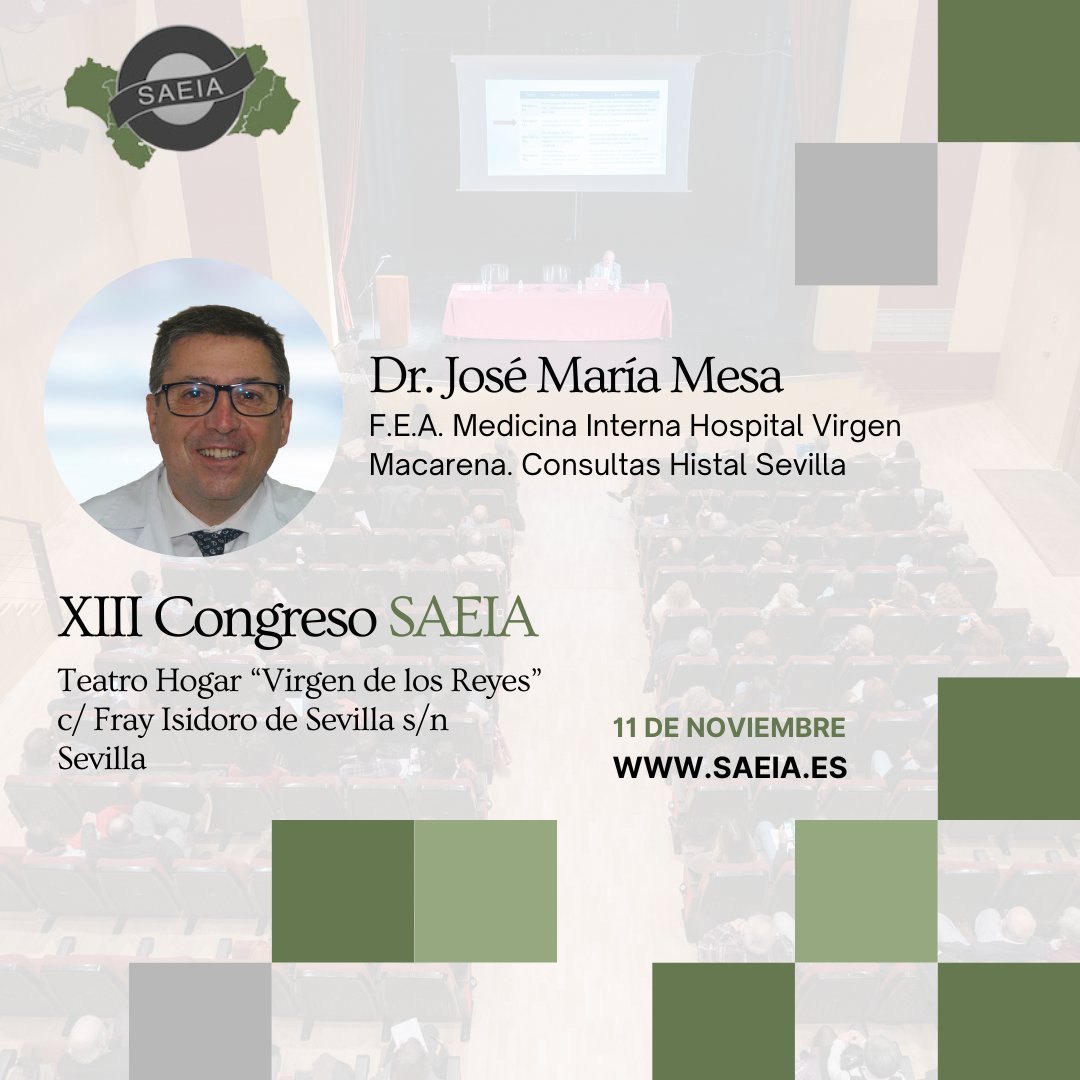 Os presentamos a uno de nuestros ponentes en el ➡ XIII Congreso SAEIA

Dr. José María Mesa.

Os esperamos!
.
.
🗓️ 11 de noviembre
🕐 9-14 pm
Entrada gratuita (hasta completar aforo)

Más información: saeia.es/xiii-congreso-…