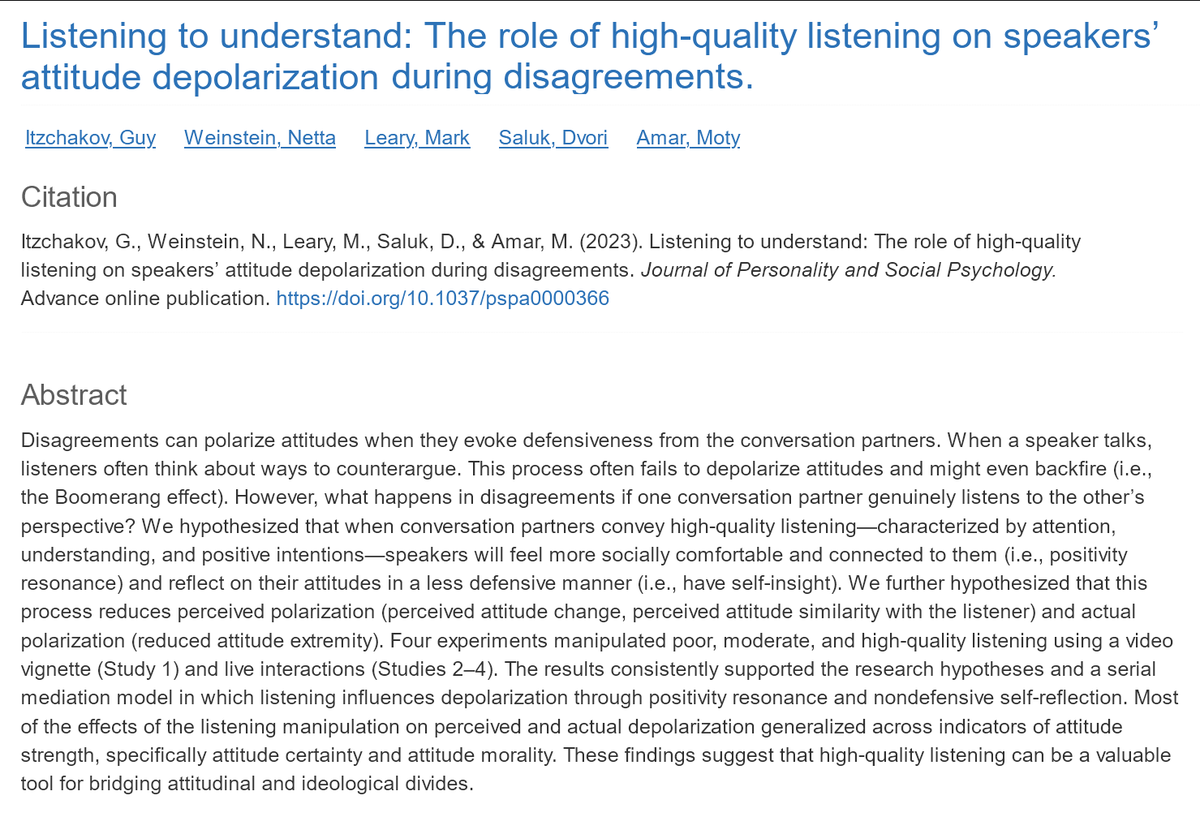 AdamMGrant's tweet image. The best way to open people&apos;s minds isn&apos;t to argue with them. It&apos;s to listen to them.

When people feel understood, they become less defensive and more reflective—and develop less extreme, more nuanced views.

Productive disagreements begin with curiosity, not persuasion.