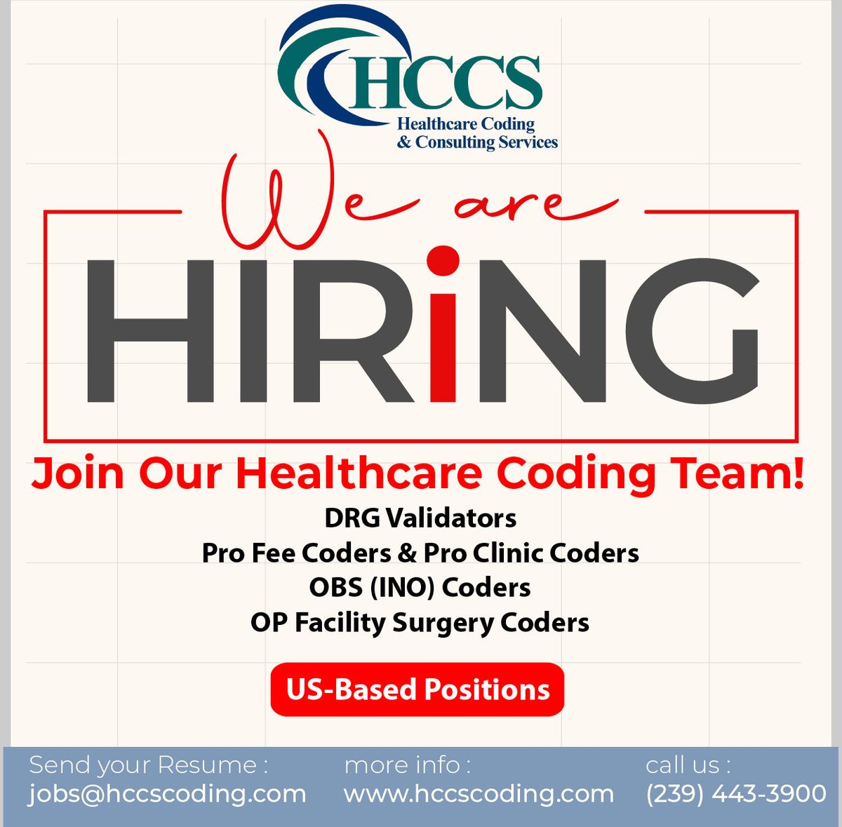 HCCSCoding's tweet image. 🌟 **Elevate Your Career with HCCS! 🌟**

✨ **We&apos;re Hiring!** Experience a rewarding and fulfilling career with HCCS! We offer a robust package and are dedicated to preserving coding jobs within the USA. 🇺🇸

👉Apply Now: [HCCS Career Opportunities] (hubs.ly/Q027TmM00)