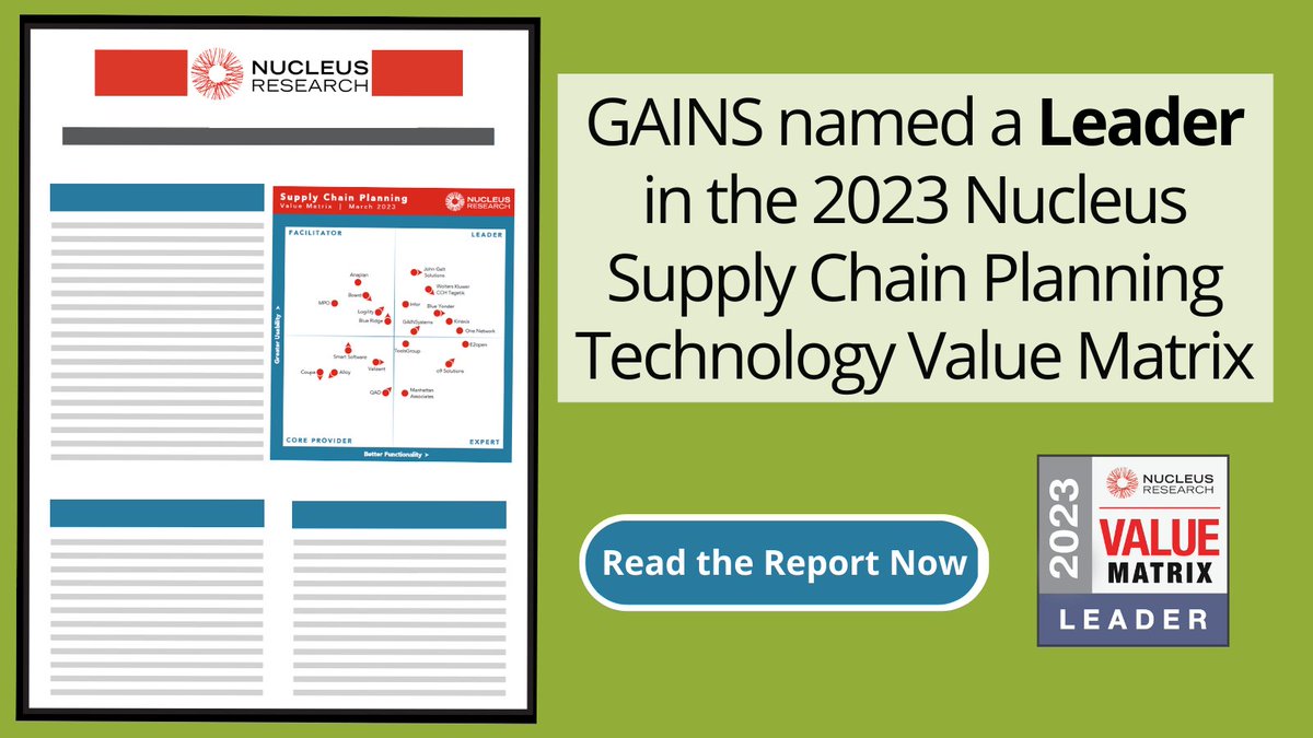Discover why GAINS stands out in the latest 2023 <a href="/NucleusResearch/">Nucleus Research</a>  #SupplyChainPlanning Technology Value Matrix! 🌟📊 Download the report now to uncover the insights that place GAINS as a leader. bit.ly/47k8OH7