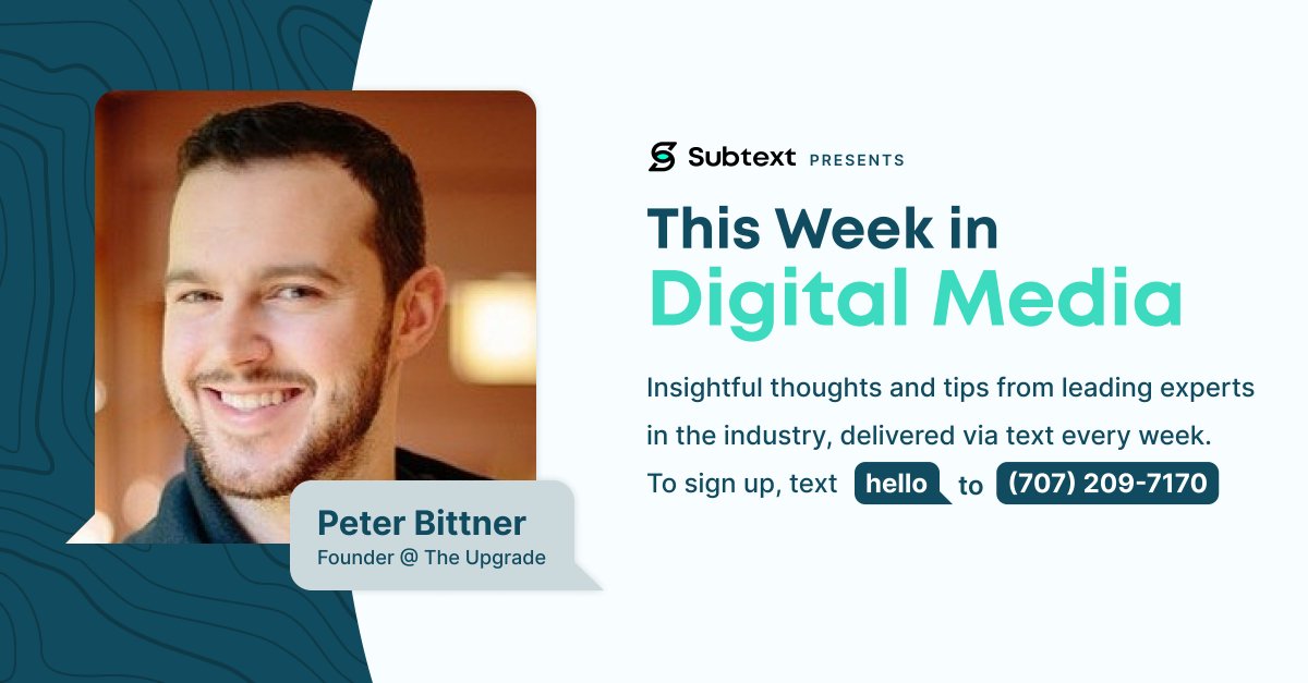 Subtext (@joinsubtext) on Twitter photo This week, we welcome <a href="/peterswandering/">Peter Bittner</a> as our host of This Week in Digital Media! He is the Founder of The Upgrade, a newsletter helping journalists, marketers, creators, PR or communications pros learn more about generative AI.
Join the conversation: hubs.li/Q027N4FL0 This week, we welcome <a href="/peterswandering/">Peter Bittner</a> as our host of This Week in Digital Media! He is the Founder of The Upgrade, a newsletter helping journalists, marketers, creators, PR or communications pros learn more about generative AI.
Join the conversation: hubs.li/Q027N4FL0