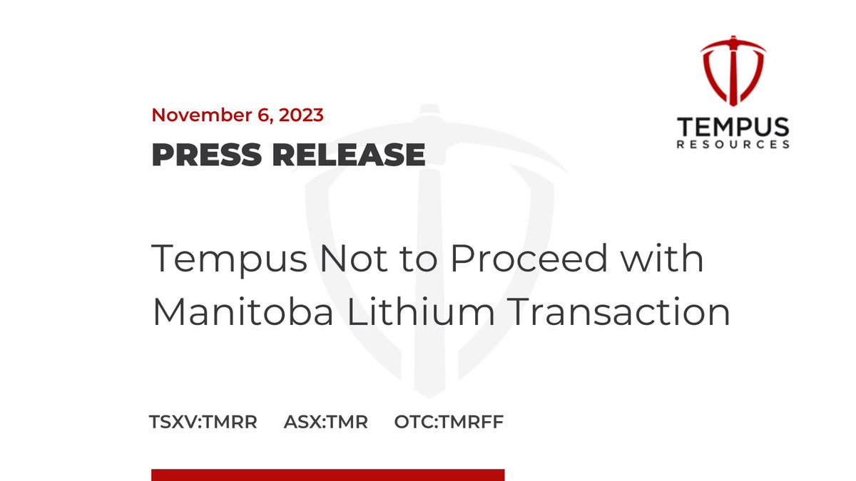 TempusAmericas's tweet photo. Tempus Not to Proceed with Manitoba Lithium Transaction

https://t.co/EQYtQEi3OM

$TMR $TMRR $TMRFF
#News #NewsRelease #Mining #Gold #Au #Investing https://t.co/fzxEBgvabe