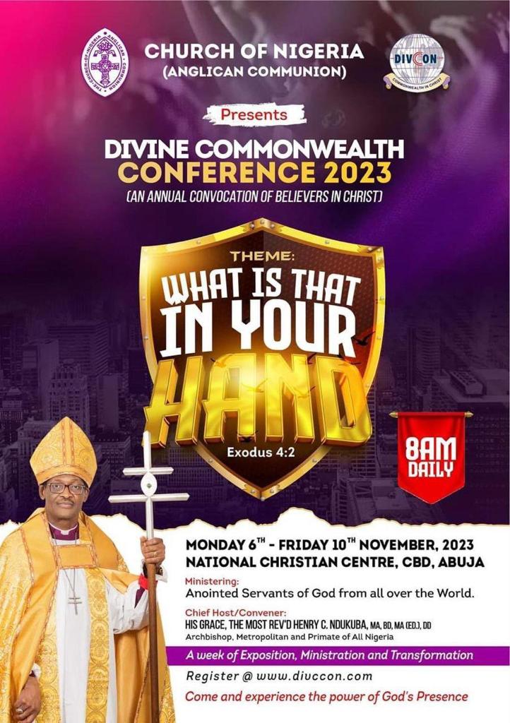 JOIN US LIVE!!!

THEME:  WHAT IS THAT IN YOUR HAND? – EXODUS 4:2

YOUTUBE:
youtu.be/3cZeIAtrnas
FACEBOOK:
web.facebook.com/ACNNTV/videos/…

You don't want to miss it!!!
#Divccon #Divccon2023 #ChurchofNigeria #Anglicancommunion #conference #abuja #breakingnews