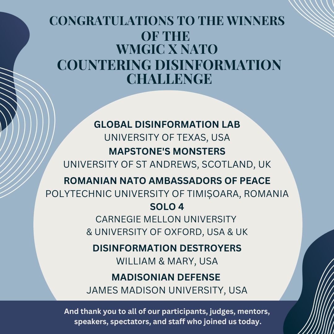 👏🏻Join us in congratulating WMGIC x <a href="/NATO/">NATO</a> Countering Disinformation Challenge winners. Your valuable contributions are shaping the #Alliance future!

Proudly represented by AF Director 
<a href="/GLJJacobs/">John G.L.J. Jacobs</a> as a judge during the #Challenge. #KUDOS to <a href="/wmgic/">William & Mary Global Innovation Challenge (WMGIC)</a> for the impecable organisation!