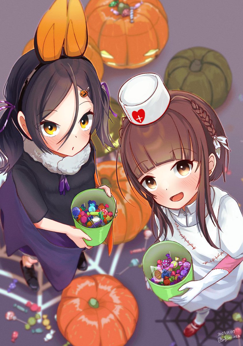 multiple girls 2girls halloween costume black hair candy food halloween  illustration images