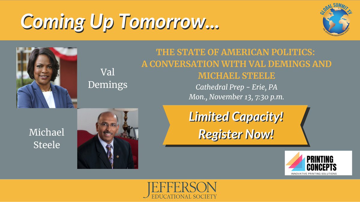 COMING UP TOMORROW: The State of American Politics Featuring Val Demings and Michael Steele MONDAY, NOVEMBER 13 at 7:30 p.m. NEW LOCATION: Cathedral Prep Don't miss out! Click the link below for more information and tickets! jeserie.org/global-summit-…