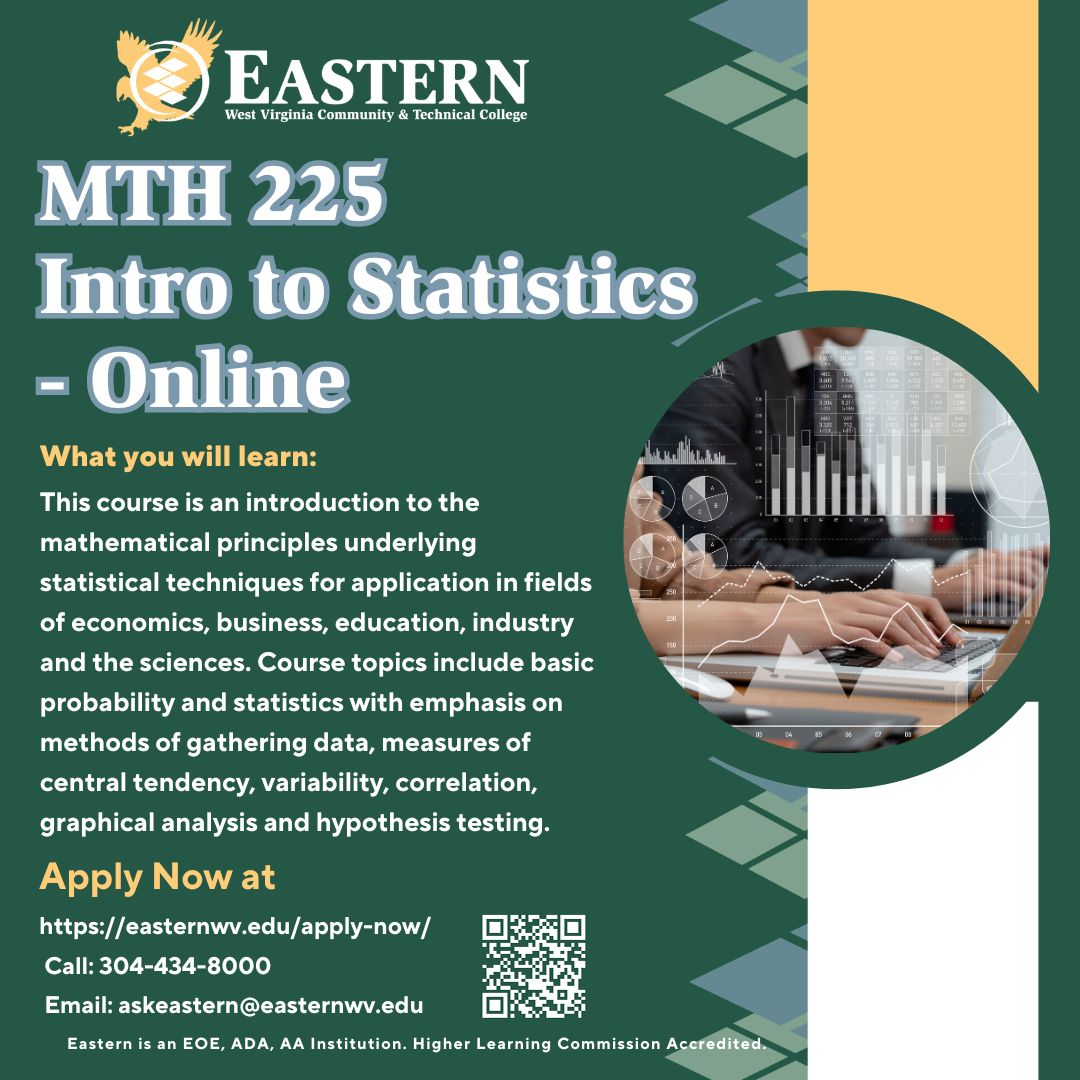 Join our online #EasternWV Intro to Statistics course to gain a solid foundation in statistical techniques! Explore topics like probability, data analysis, and more. Perfect for those in multiple fields. Visit easternwv.edu
#DiscoverEWV #StatisticsClass #HigherEducation