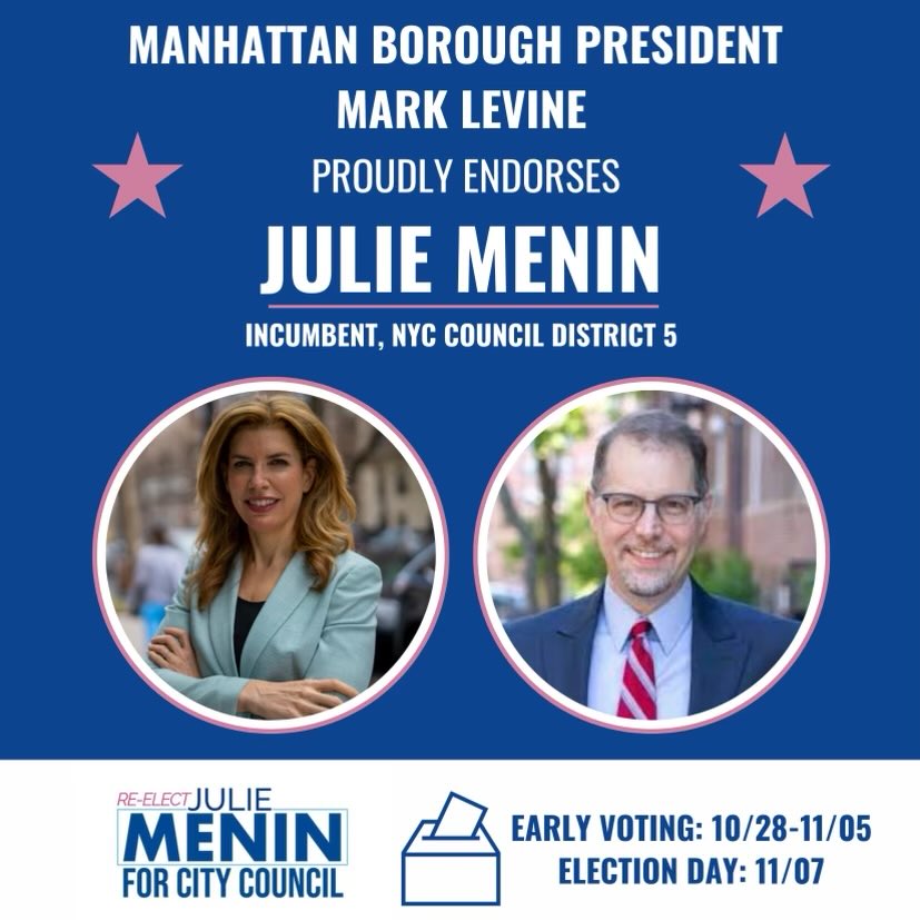 Thrilled to have the endorsement of our Manhattan Borough President ⁦@MarkLevineNYC⁩ for my re-election! Come join us at the polls—tomorrow is the last chance to vote. 🗳️