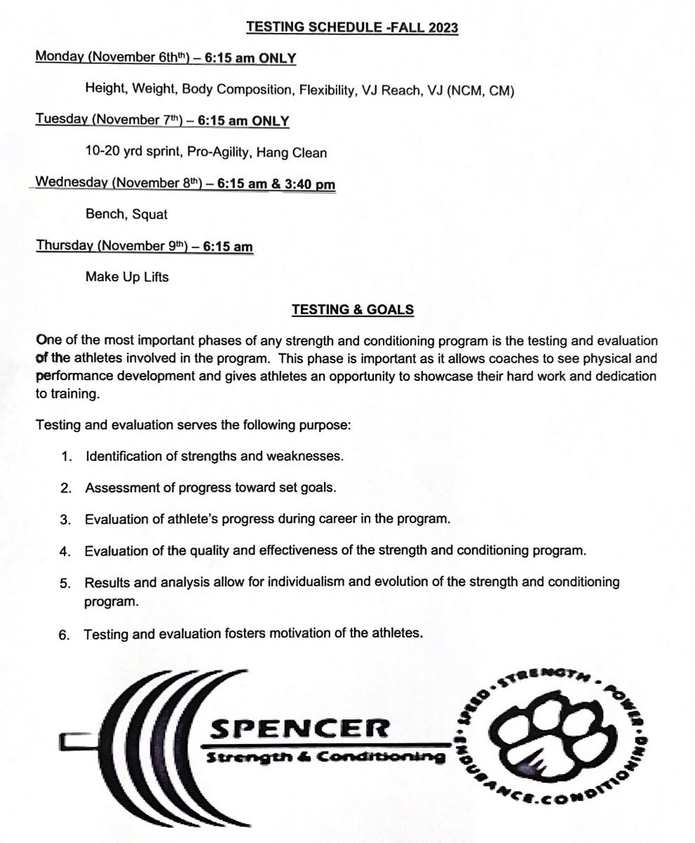 Fall Offseason Schedule for Week of November 6th.