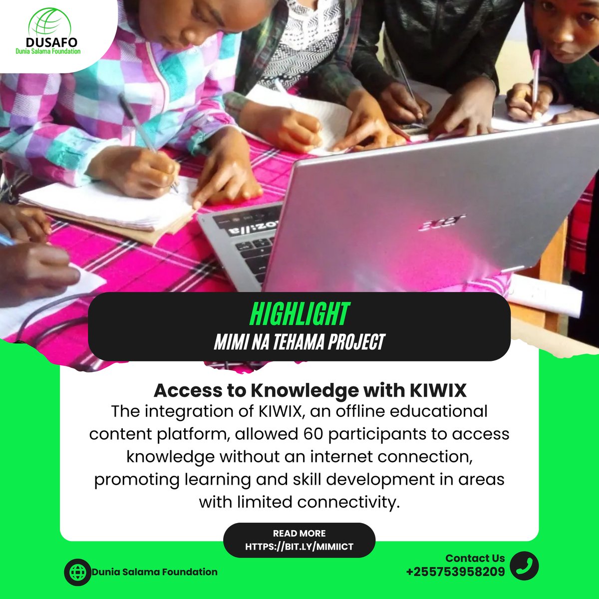 DuniaFoundation's tweet photo. Knowledge knows no boundaries! With KIWIX, we're making learning accessible to all, regardless of internet connectivity. Today, 60 Participants, including 30 children and 20 young youth , embark on a journey of skill development and knowledge acquisition. 
 #miminaTEHAMA https://t.co/u5NKftquWv