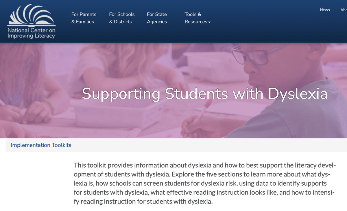 Explore the @NCIL 'Supporting Students with Dyslexia' implementation toolkit focused on what dyslexia is, how to screen for risk, using data to identify supports, what effective reading instruction looks like, & how to intensify reading instruction. improvingliteracy.org/kit/supporting…