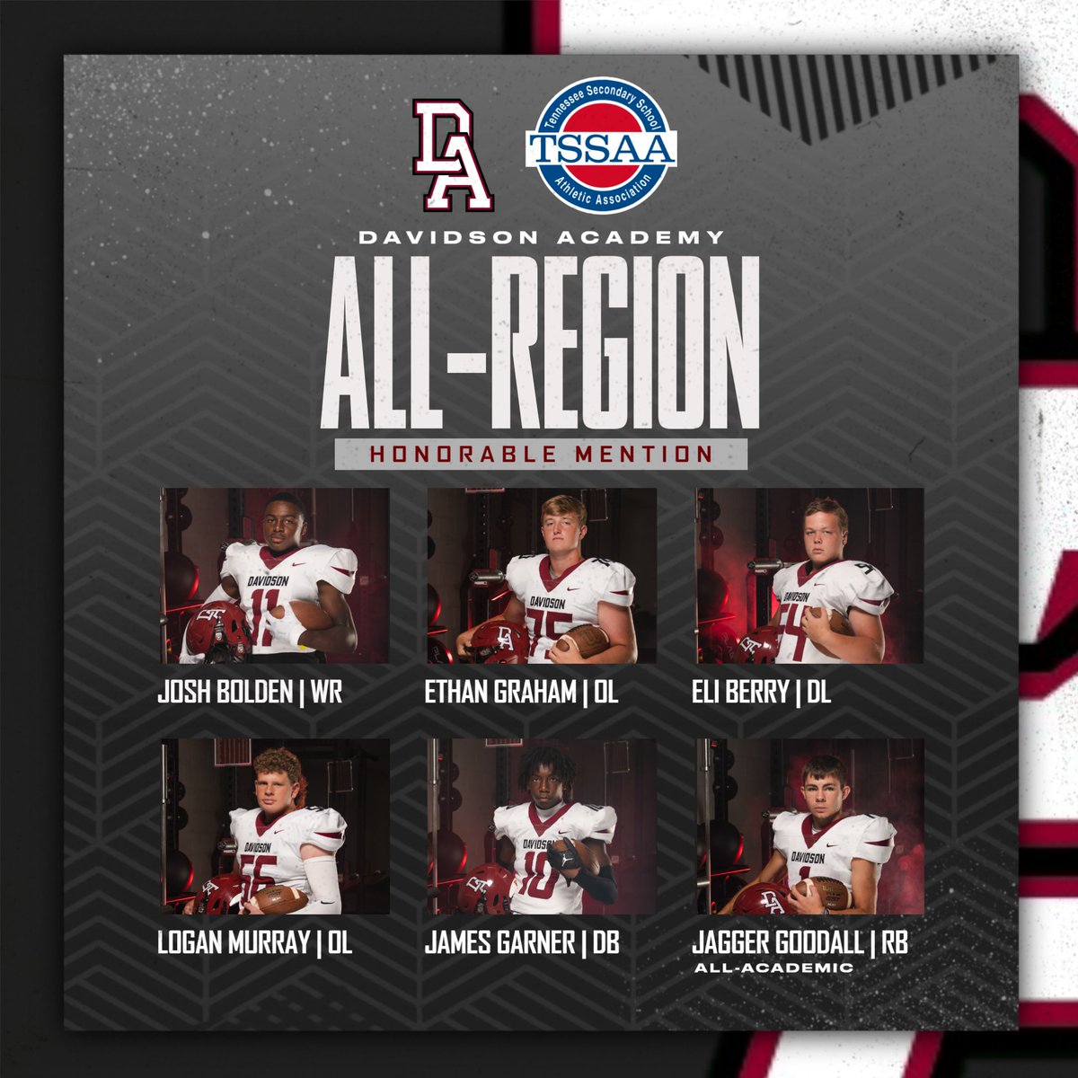 DA Athletics (@athletics_da) on Twitter photo Congratulations to the following football players for being named All-Region Honorable Mention, and to <a href="/jaggergoodall22/">Jagger Goodall</a> for being named to the All-Academic Team.
<a href="/joshua11_bolden/">Joshua Bolden</a>
<a href="/ethan_graham75/">Ethan_Graham75</a>
<a href="/eliberry99/">Eli Berry</a>
<a href="/JamesGarner32/">J</a>
Logan Murray
<a href="/BearsDavidson/">Davidson Academy Football</a> <a href="/davidsonacademy/">Davidson Academy</a> Congratulations to the following football players for being named All-Region Honorable Mention, and to <a href="/jaggergoodall22/">Jagger Goodall</a> for being named to the All-Academic Team.
<a href="/joshua11_bolden/">Joshua Bolden</a>
<a href="/ethan_graham75/">Ethan_Graham75</a>
<a href="/eliberry99/">Eli Berry</a>
<a href="/JamesGarner32/">J</a>
Logan Murray
<a href="/BearsDavidson/">Davidson Academy Football</a> <a href="/davidsonacademy/">Davidson Academy</a>