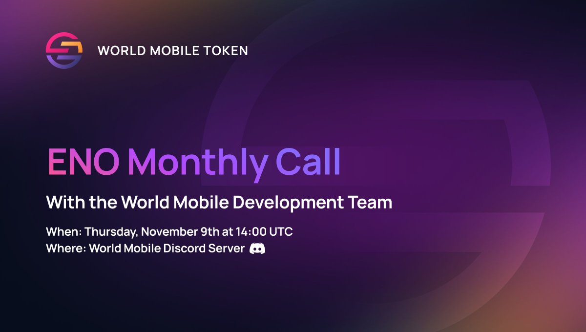 wmchain's tweet image. 🌍 Attention #EarthNode Operators! 
 
🗣️ This month&apos;s ENO call is scheduled for Thursday 9th November, at 14:00 UTC.

✅ &apos;Public Testnet Participant&apos; role needed for access.

⛓️ discord.gg/worldmobile

$WMT #WorldMobile #ENNFT #Testnet