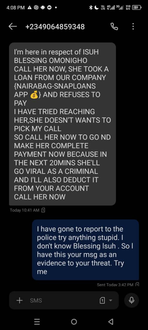 marksecure111's tweet photo. @PoliceNG 07043254855 This number calls and blackmail people, threatening to post rubbish to tarnish my wife's image and to forcefully  withdraw money from my wifes account all for a loan one Blessing took. Please do something. See attached their chat with my wife. https://t.co/UbzPd4SKI6