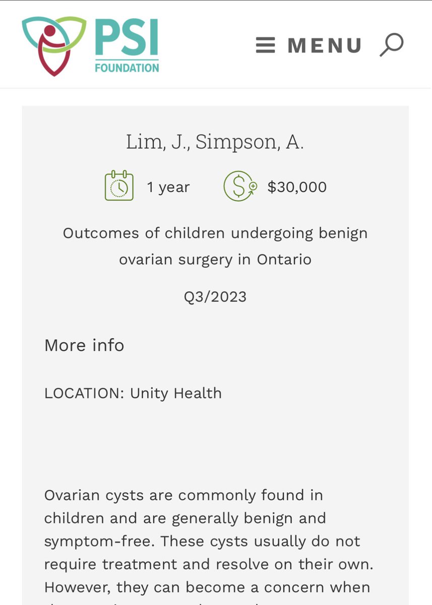 So excited to be receiving this research grant from <a href="/PSIFoundation/">PSI Foundation</a>. Grateful for the opportunity to work with @AndreaSimpsonMD &amp; team, and to see what we can learn about children undergoing ovarian surgeries here in Ontario using <a href="/ICESOntario/">ICES</a> data. 

Stay tuned!!