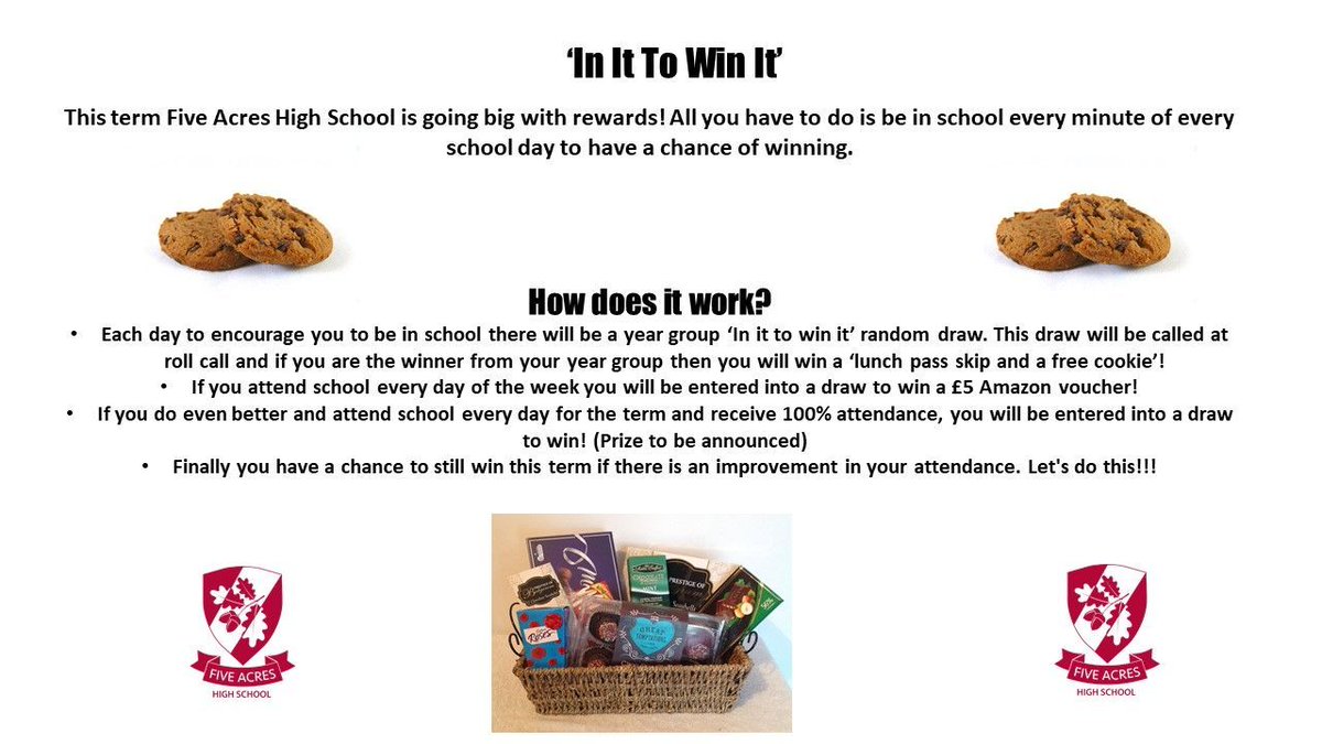 FiveAcresHigh's tweet photo. This term Five Acres High School is going big with rewards! All you have to do is be in school every minute of every school day to have a chance of winning. See the image for more details #BeMoreFive https://t.co/w9C0PVS91Z