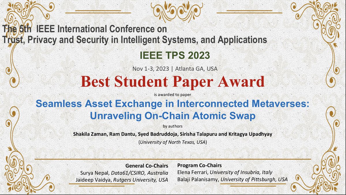 UNT Computer Science & Engineering (@untcse) on Twitter photo Congratulations to our team of Ph.D. researchers led by CSE professor, Dr. Ram Dantu! The team recently won Best Paper Award at the 2023 <a href="/IEEEorg/">IEEE</a> TPS Conference.
READ MORE: computerscience.engineering.unt.edu/news/research-…
<a href="/UNTEngineering/">University of North Texas Engineering College</a>
#UNT #ComputerScience #ComputerEngineering #Research #Award Congratulations to our team of Ph.D. researchers led by CSE professor, Dr. Ram Dantu! The team recently won Best Paper Award at the 2023 <a href="/IEEEorg/">IEEE</a> TPS Conference.
READ MORE: computerscience.engineering.unt.edu/news/research-…
<a href="/UNTEngineering/">University of North Texas Engineering College</a>
#UNT #ComputerScience #ComputerEngineering #Research #Award