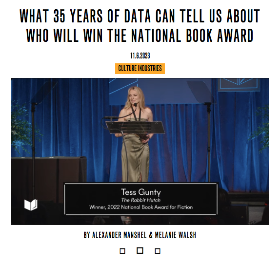 Xander Manshel (@xandermanshel) on Twitter photo This year's jury for the National Book Award is the most diverse in the prize's history. Will that make a difference when the winner is announced next week? The answer is more complicated than you might think.
<a href="/mellymeldubs/">Melanie Walsh</a> and I in <a href="/PublicBooks/">Public Books</a>...
publicbooks.org/what-35-years-… This year's jury for the National Book Award is the most diverse in the prize's history. Will that make a difference when the winner is announced next week? The answer is more complicated than you might think.
<a href="/mellymeldubs/">Melanie Walsh</a> and I in <a href="/PublicBooks/">Public Books</a>...
publicbooks.org/what-35-years-…
