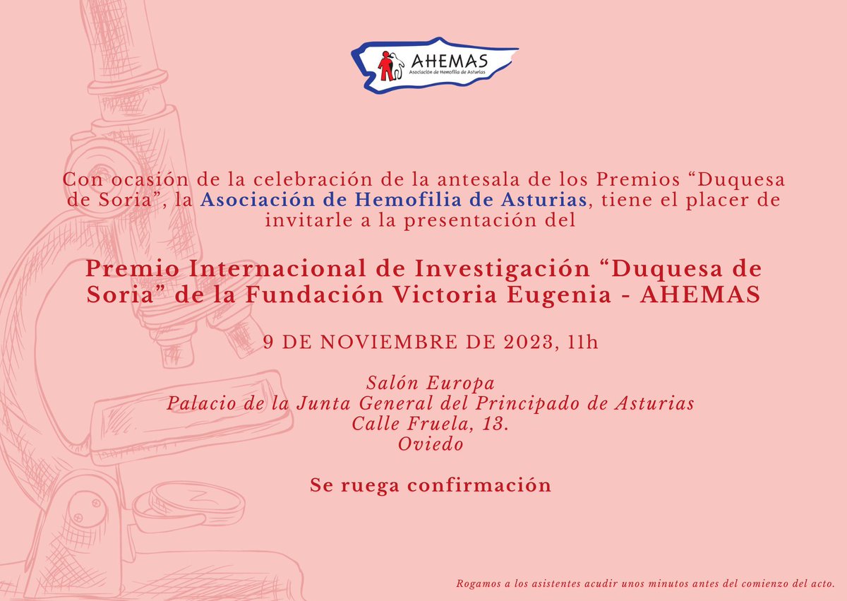 AhemasAsturias's tweet photo. Este jueves 9 de noviembre, a las 11:00h., celebramos en la @JuntaAsturias un acto de Presentación del Premio Internacional de Investigación "Duquesa de Soria" de @RFVE_hemofilia.

Abrimos este acto a toda la sociedad civil (previa confirmación). ¡Estás invitado! 🤗 https://t.co/aEChpW7tFD