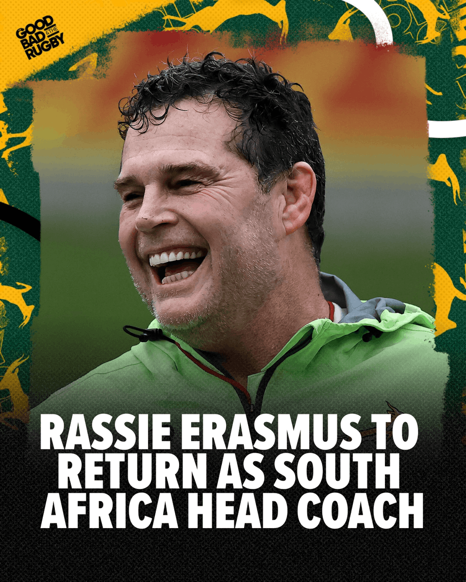 GoodBadRugby's tweet photo. Rassie Erasmus has confirmed he is to return as the head coach of South Africa 🇿🇦

The current Springboks DOR is expected to sign as head coach until the 2027 Rugby World Cup in Australia, seeking an unprecedented third consecutive world title.

#Springboks #Rugby https://t.co/L2UzMkCUsD
