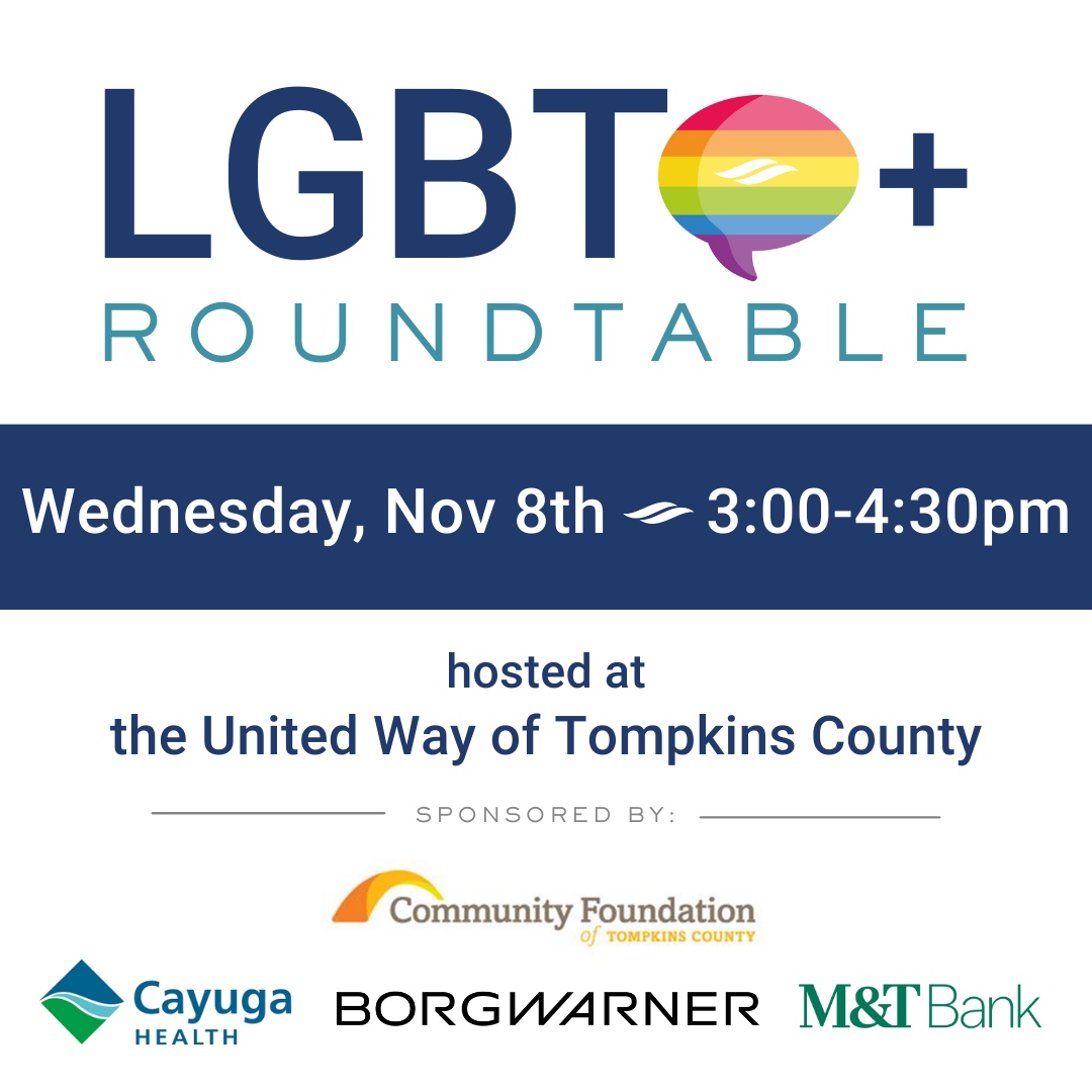 Our final LGBTQ+ Roundtable of the year is this Wednesday Nov. 8th from 3-4:30pm, hosted by The United Way of Tompkins County! Register here: business.tompkinschamber.org/events/details…

Thank you to our sponsors: The Community Foundation of Tompkins County, BorgWarner, Cayuga Health, and M&amp;T Bank.