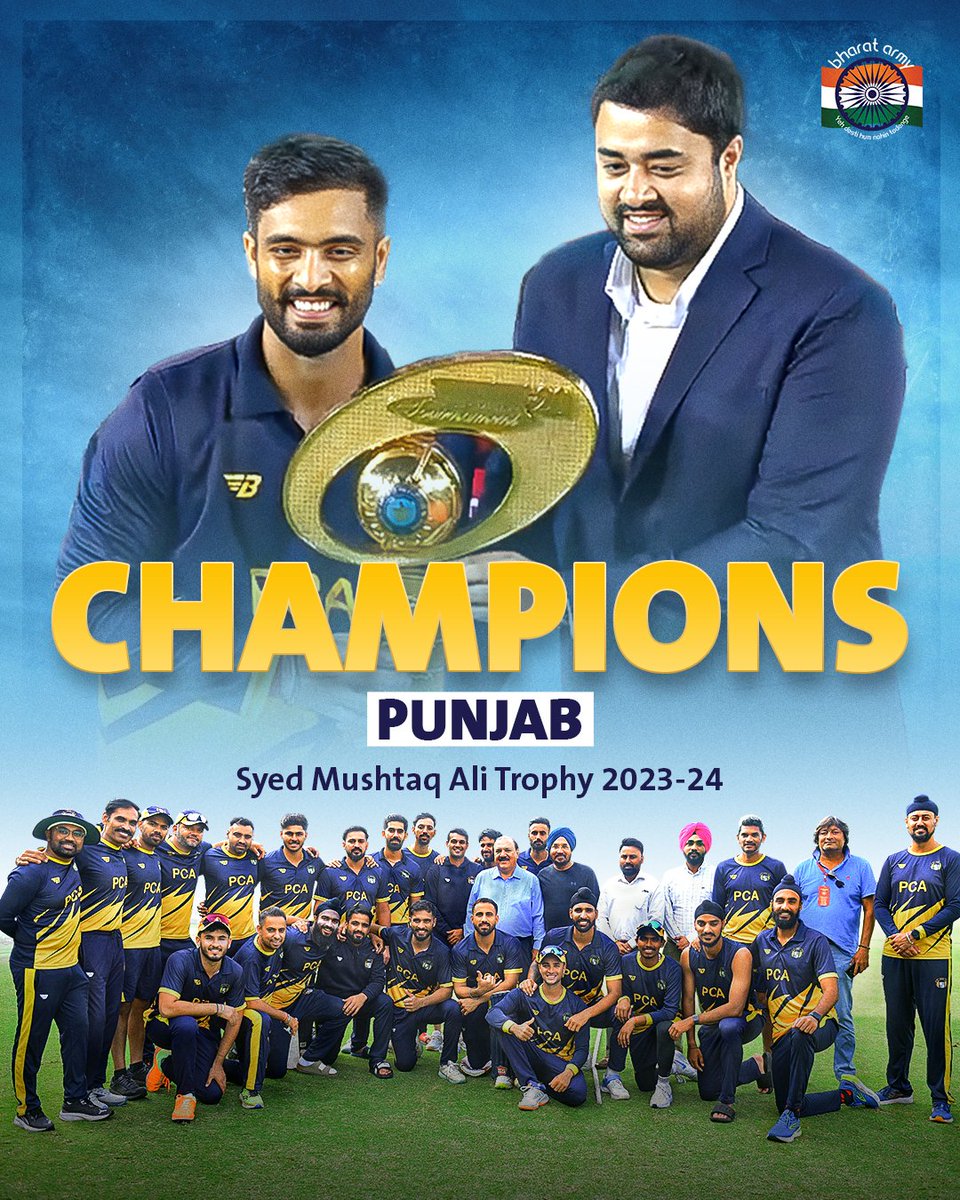 thebharatarmy's tweet photo. ๐๐ฅ ๐๐๐๐๐๐๐๐๐! Congratulations to @pcacricket on winning their maiden Syed Mushtaq Ali Trophy.
๐ท Pics belong to the respective owners โข #PUNvBRD #SMAT #SMAT23 #BharatArmy #COTI๐ฎ๐ณ https://t.co/VvfsoGLYsN