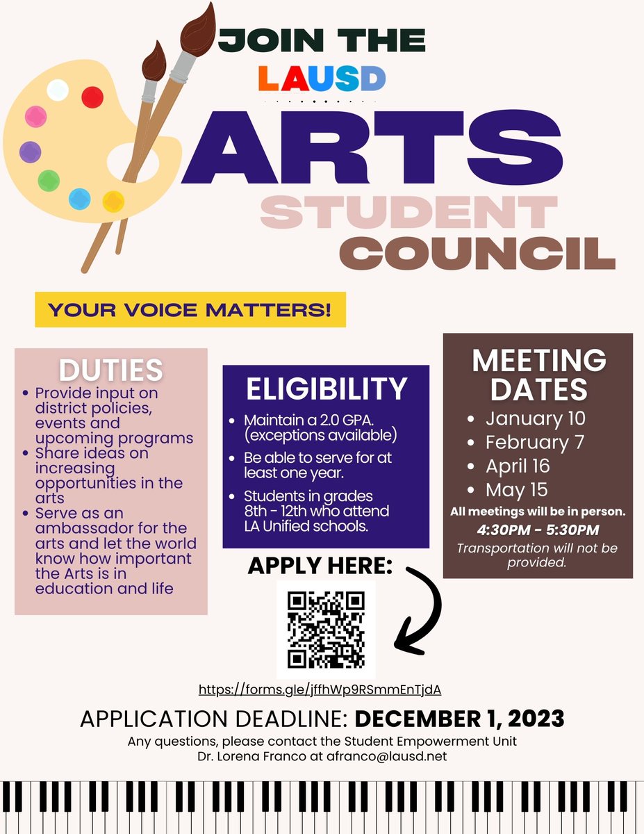 ArtsEdLA's tweet photo. "🎨 Calling all students 8th-12th grade! Join the Arts Student Council and share your voice! 🎶🎤🕺🏾💃🏽🎭👩🏼‍🎤
1️⃣ Influence policies
2️⃣ Share ideas
3️⃣ Be an arts ambassador
4️⃣ Create change and have fun!
Apply today https://t.co/ENKoIb69pZ   
@LASchools https://t.co/uFq8jz1fwr