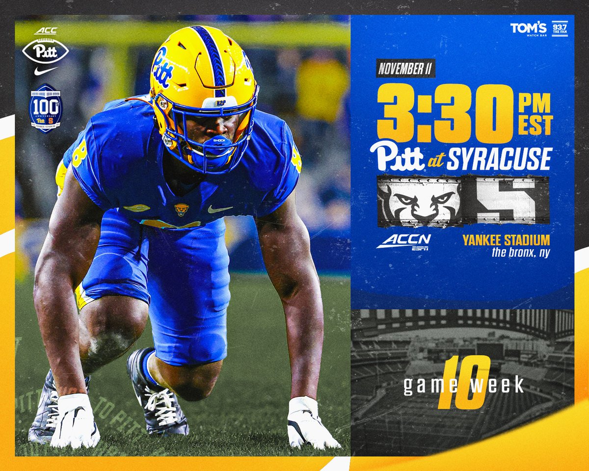 Game Week 🔟 » Pitt 🆚 Syracuse

⏰ 3:30 p.m. 
🏟️ @YankeeStadium 
📺 @ACCNetwork 
📻 <a href="/937theFan/">93.7 The Fan</a> 

Notes &amp; Storylines 📰
bit.ly/PittCuse23 ✍️

#H2P » #BAM » #WeNotMe