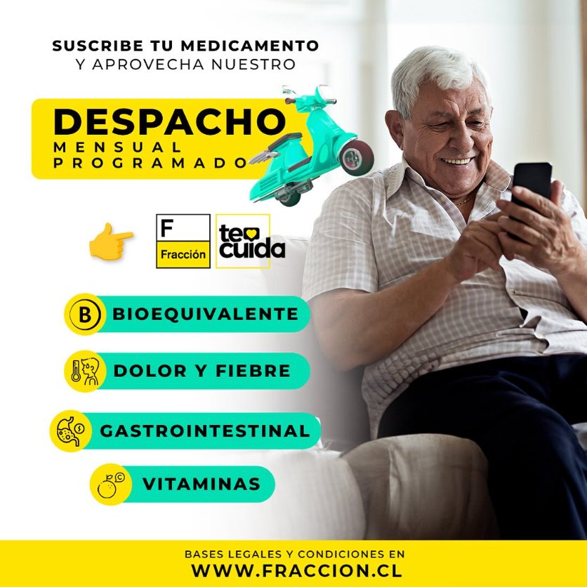 Puedes ahorrar hasta un 25% de descuento y obtener despacho mensual programado en tu tratamiento con el nuevo programa Fracción Te Cuida!!! 
Solo debes suscribir tu medicamento y te lo despachamos mensualmente para tu tratamiento😊 
Bases y condiciones en fraccion.cl