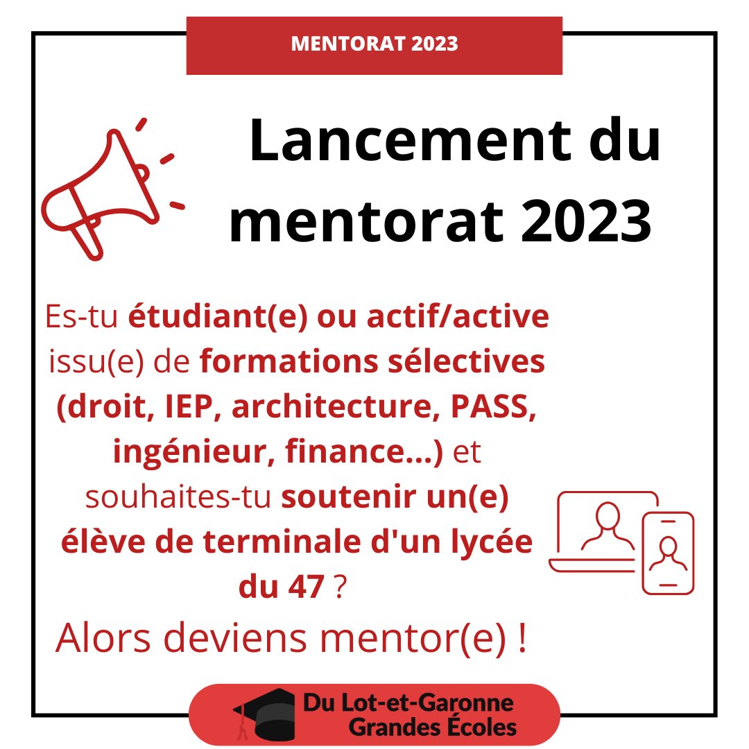 DTGE47's tweet photo. 🚀 Vous êtes un/e jeune actif/ve volontaire, désireux d'accompagner un lycéen du 47 jusqu'à l'enseignement supérieur ? Notre dispositif de mentorat est fait pour vous ! 🚀

🔗  Pour adhérer : https://t.co/8ahjgec3Yr

#dtge #lotetgaronne #égalitédeschances #mentorat https://t.co/RbW3HVJO6U
