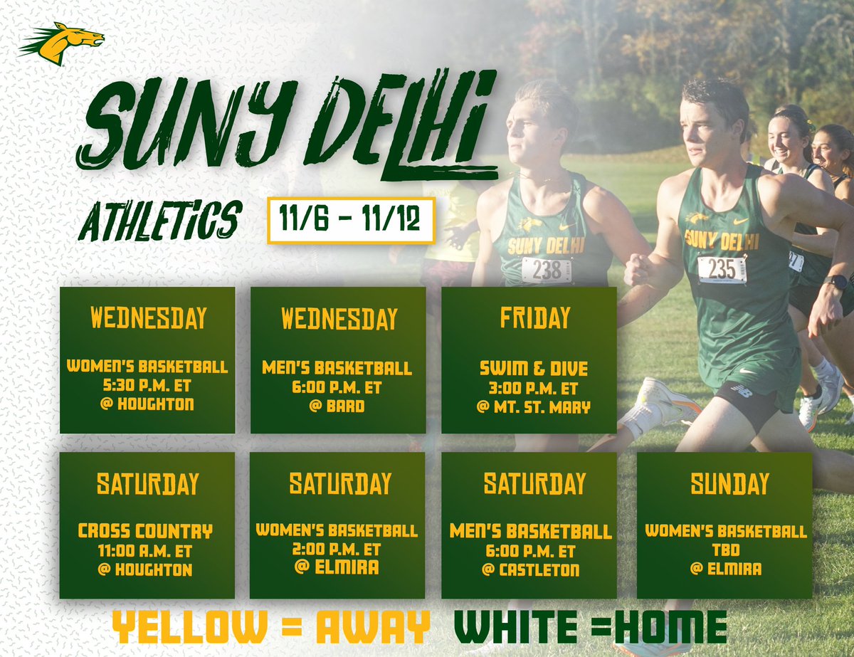 Your Broncos are on the road this week! 

<a href="/SUNYDelhiMBB/">SUNY Delhi Men's Basketball</a> &amp; <a href="/SUNYDelhiWBB/">SUNYDELHIWBB</a> kick off their  2023/24 seasons this Wednesday. 

<a href="/SUNYDelhiXC_TF/">SUNY Delhi XC | T&F</a> heads out to the NCAA Regionals over the weekend and <a href="/DelhiSwimming/">SUNY Delhi Swim & Dive</a> is at Mount Saint Mary’s on Friday! 

#horsepower #delhidrive