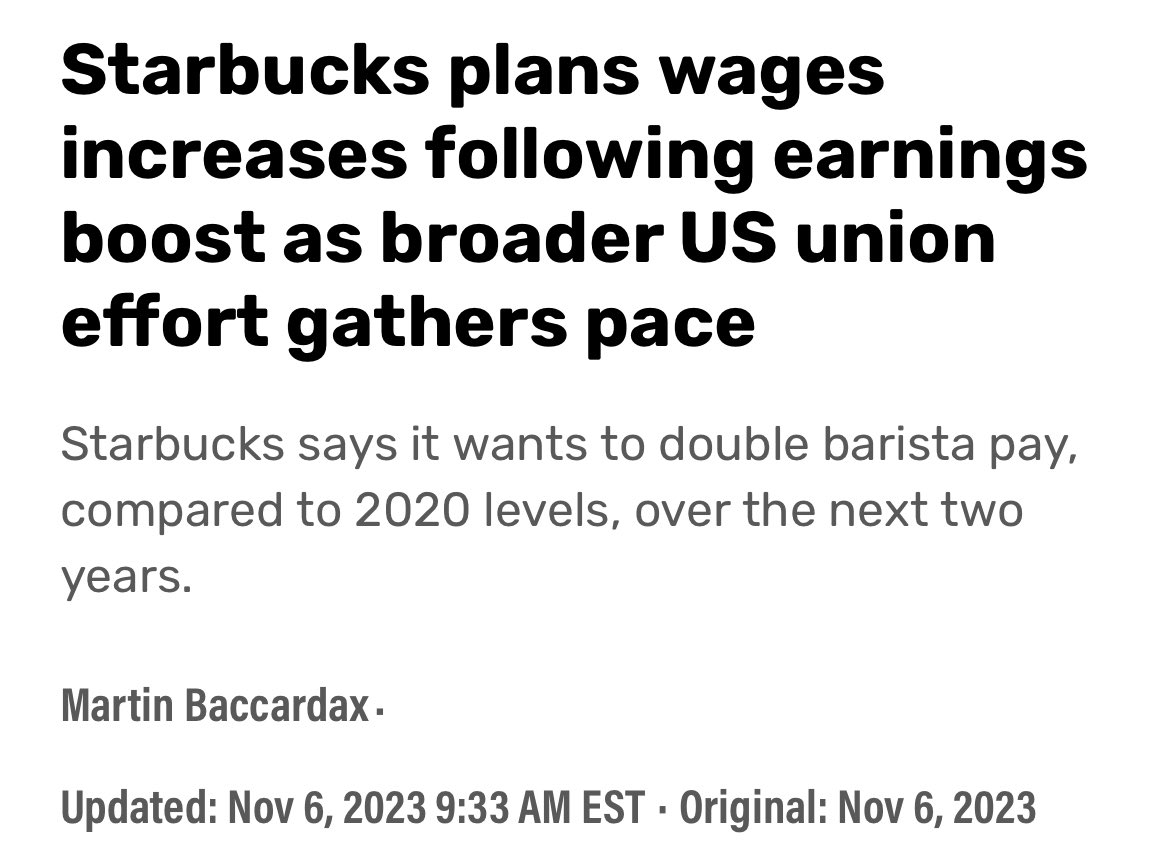 This. Is. HUGE. Starbucks is planning to DOUBLE barista pay over the next two years. Don’t think for a MINUTE that this would be happening if workers hadn’t been unionizing. Unions also help all OTHER workers by scaring employers into doing the right thing. #SolidaritySeason