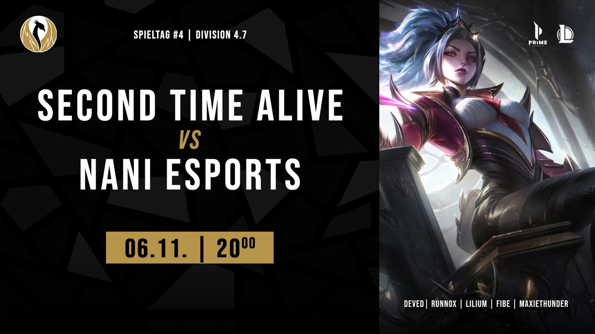 Alles oder Nichts!🔥
Schafft es Second Time Alive sich in der @primeleague 4.7 an die Spitze zu kämpfen? NA ABER HALLO!

2TA🆚@NaNi_ESports
 
⏰20:00 Uhr 
📺twitch.tv/secondtimealive
🎙️<a href="/_Nothing2Fear/">N2F | Lukas</a> &amp; <a href="/DevilosEUW/">Devilos</a> 

Popcorn nicht vergessen!

#2GetherWeRise