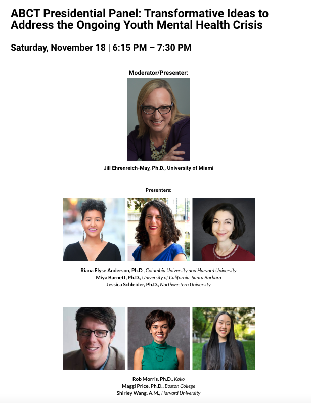 Can't believe #ABCT2023 is next week! I'm excited to be part of the presidential panel w <a href="/rianaelyse/">still not here</a> <a href="/JSchleiderPhD/">Jessica Schleider, PhD</a> <a href="/MaggiPrice/">Dr. Maggi Price</a> <a href="/RobertRMorris/">Rob Morris</a> <a href="/MiyaBarnett/">Dr. Miya Barnett</a>.

Thank you to @DrEhrenreich for organizing this new format to the traditional Presidential Address! abct.org/2023-conventio…
