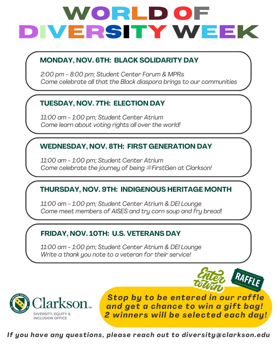 ClarksonSchool's tweet photo. Check out the events happening this week for World of Diversity Week!! https://t.co/cATfJ5AJBa