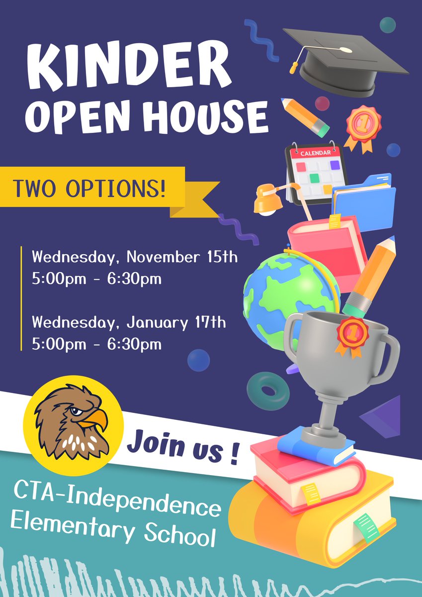 Calling all 2024-2025 kindergarten families! Come check out what being a HAWK is all about! Join us either 11/15/23 OR 1/17/24 from 5pm-6:30pm for our Kindergarten Open House. We look forward to meeting our newest “eyas” - that’s the name for a baby hawk!!!