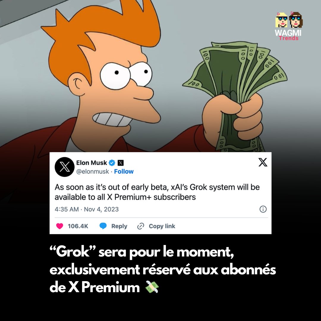 wagmi_trends's tweet image. "Grok" débarque! L'IA visionnaire d'Elon, réservée aux abonnés de X. Chatbot brillant, humour tranchant, viens en découvrir davantage 💥 Abonne-toi ! #Grok. L'ère de l'IA réinventée. 🔥🤖 #MuskMoves #AIRevolution