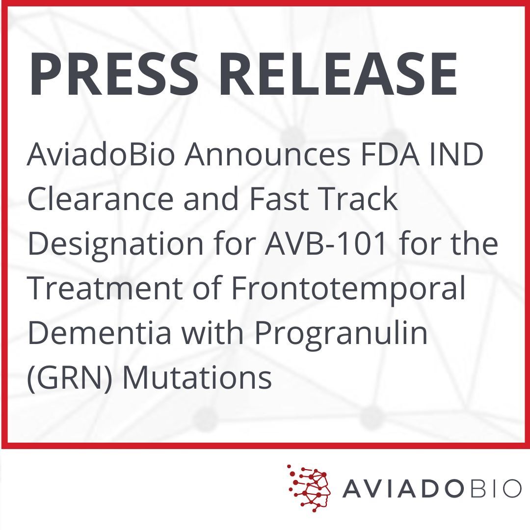 AviadoBio's tweet photo. Today we announced the FDA IND clearance and Fast Track Designation for AVB-101 for the treatment of #FrontotemporalDementia (#FTD) with mutations in the progranulin (GRN) gene. Learn more: https://t.co/gsM1PSJhjo

#GeneTherapy #Biotech #Dementia #AviadoBio https://t.co/3bbSB931wH