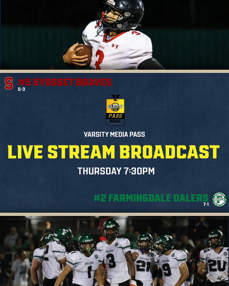 .<a href="/Sec_VIII_Ath/">Section VIII Athletics</a> Conference I Semifinals Tomorrow!

🏈 <a href="/OsideSports/">Sailor Nation</a> vs <a href="/MassChiefs/">Massapequa Chiefs</a> 4 PM
📺 shorturl.at/pHIOP

🏈 Syosset vs <a href="/Dalersfootball/">Farmingdale_football</a> 7:30 PM
📺 shorturl.at/lsuv8