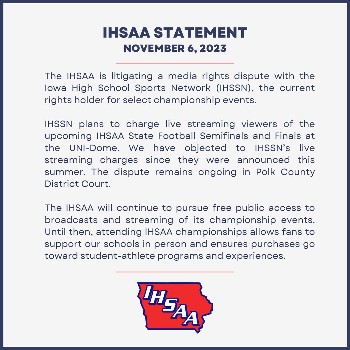 IHSAA's tweet image. A statement from the Iowa High School Athletic Association ahead of this week's #iahsfb semifinals. 
📋iahsaa.org/ihsaa-statemen…
