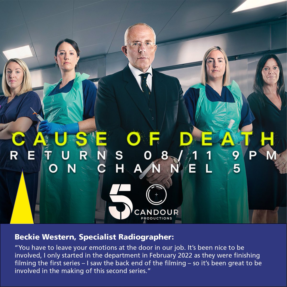 📺 The second series of <a href="/channel5_tv/">Channel 5</a> 's #CauseOfDeath documentary premieres tonight at 9pm on Channel 5 with Lancashire Teaching Hospitals NHS Foundation Trust Radiographer, Beckie Western, one of our featured colleagues, assisting  into the death of 92-year-old dementia patient.