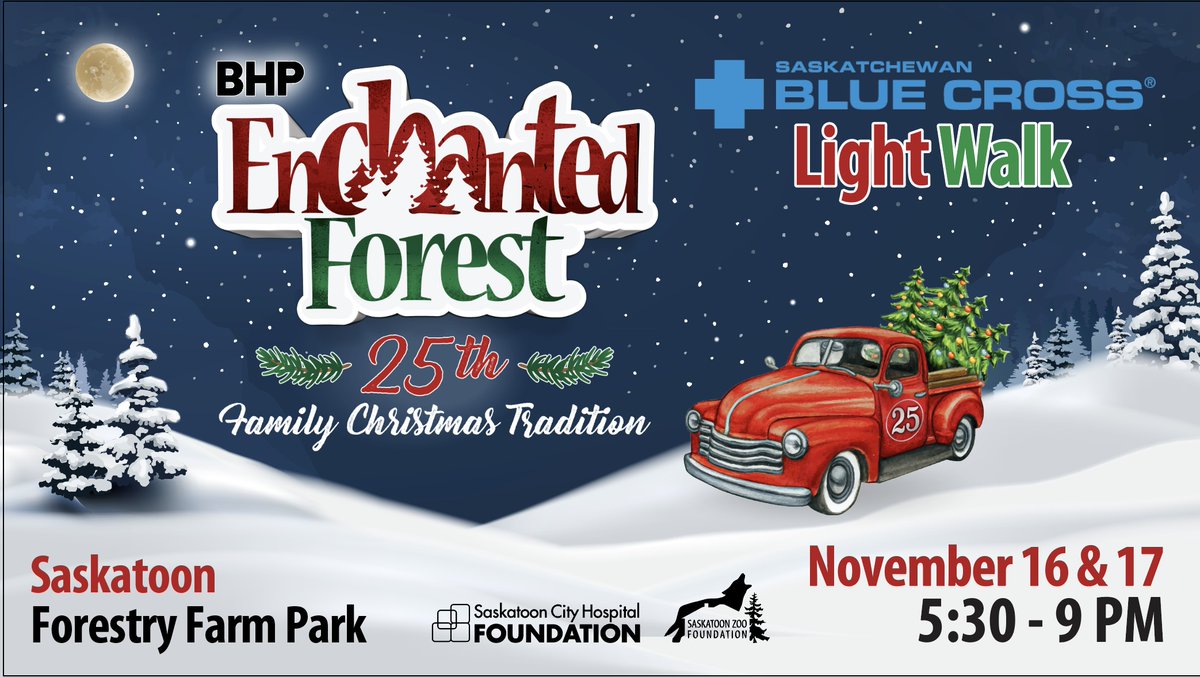 SKBlueCross's tweet photo. The Saskatchewan Blue Cross Light Walk is back! Join us on November 16 and 17 from 5:30 pm to 9 pm to celebrate the 25th year of @enchforestyxe and take part in this magical family tradition. 🎄 For more information, visit https://t.co/SmcFZIqpku. We can't wait to see you there! https://t.co/zXbDfWyifC